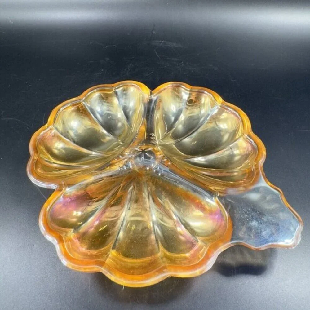 Vintage Carnival Glass Shamrock Dish‎ Divided Relish Iridescent Finish Tray Dish